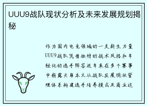 UUU9战队现状分析及未来发展规划揭秘