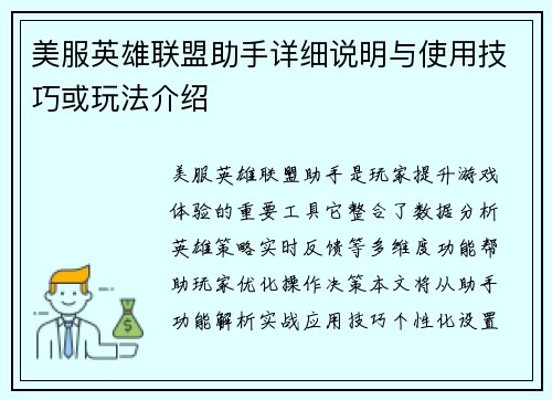 美服英雄联盟助手详细说明与使用技巧或玩法介绍